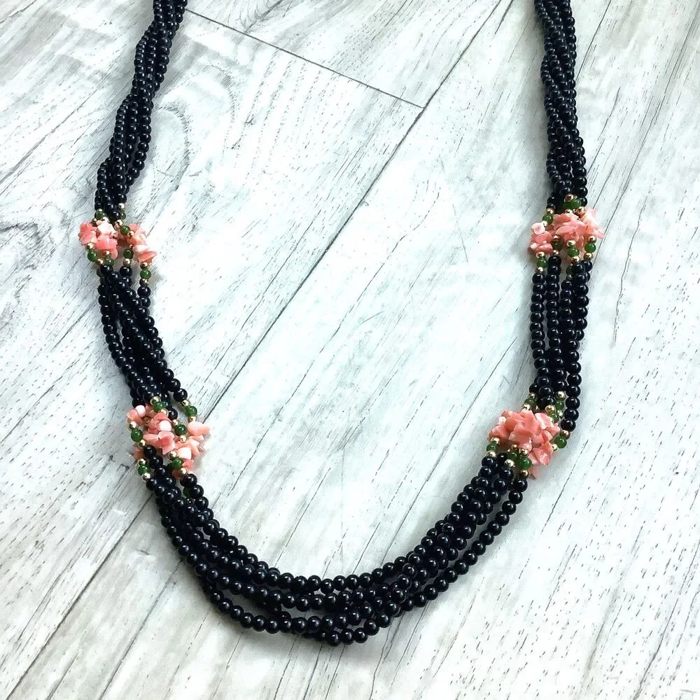Vintage Beaded Necklace Coral Chip Jade Beads Black Torsade Extra Long 30